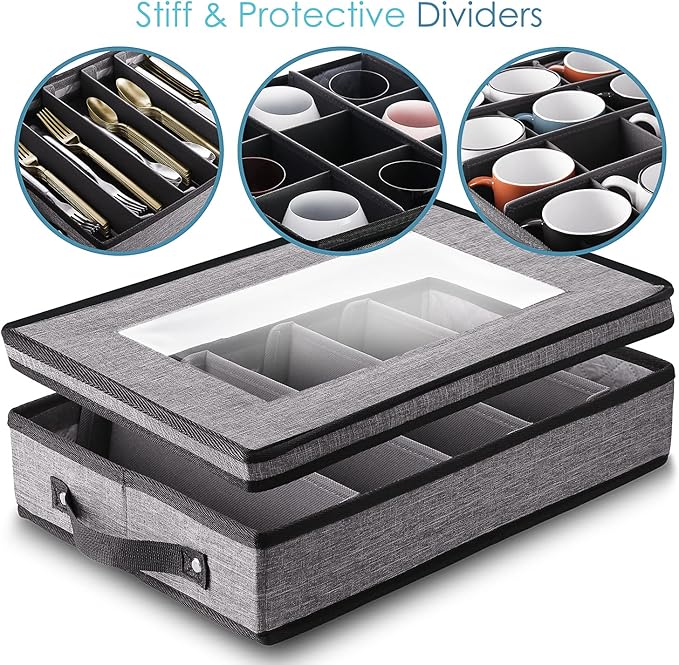 Hearth & Harbor Fine China Storage Containers, 6 Piece Dish Storage Containers, Stackable Plate Storage, Coffee Mug Storage and Wine Glass Storage Box with Dividers, Quilted Dish Organizers, Grey