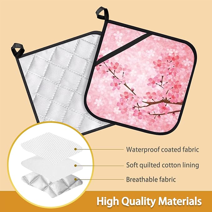 Pink Blooming Cherry Blossoms Pot Holder Set of 2,Heat Resistant Potholders Oven Hot Pads for Kitchen Cooking Baking BBQ