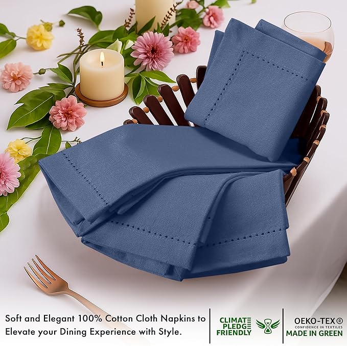 Ruvanti Cloth Napkins Set of 12, 100% Cotton High GSM 18x18 Inches, Hem Stitched Corners, Soft, Washable, Highly Durable & Absorbent, Perfect for Parties, Christmas, Thanksgiving Dinners – Bijou Blue