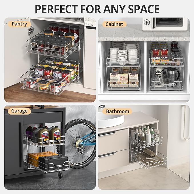 ZOINLIY Pull Out Cabinet Organizer, Versatile Slide Out Kitchen Organizers and Storage,Heavy Duty Drawer Cupboard Storage Basket, Smooth Sliding, Chrome Finish (2-Tiers-14¼''W×22“D)