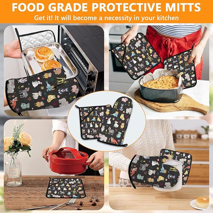 Cute Animals Oven Mitts and Pot Holders Sets 4Pcs,Extra Long Oven Gloves Potholder for Kitchen Cooking Baking BBQ 100% Cotton Heat Resistant
