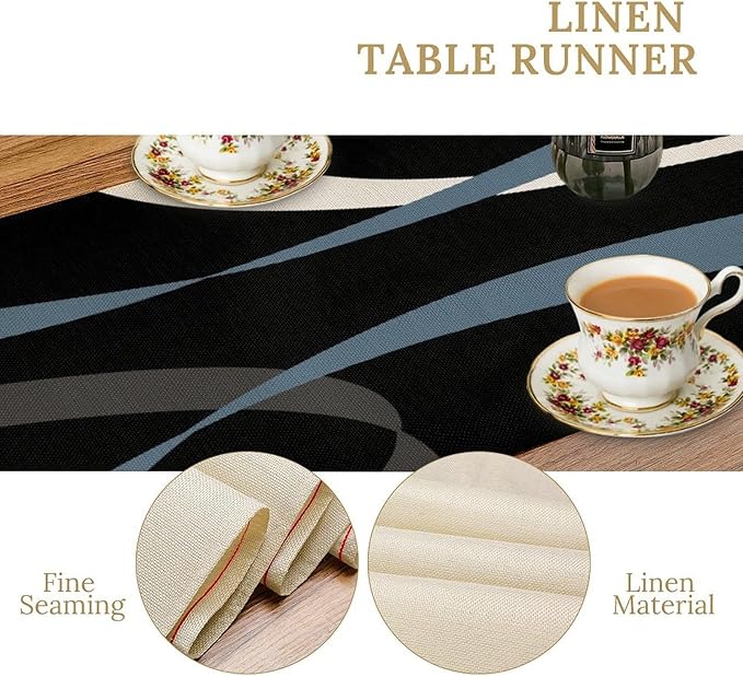 Abstract Geometric Table Runner Modern Blue Grey White Striped Black Background Kitchen Dinner Runner for Indoor Home Living Room Party Dining Table Decoration 13"x90"