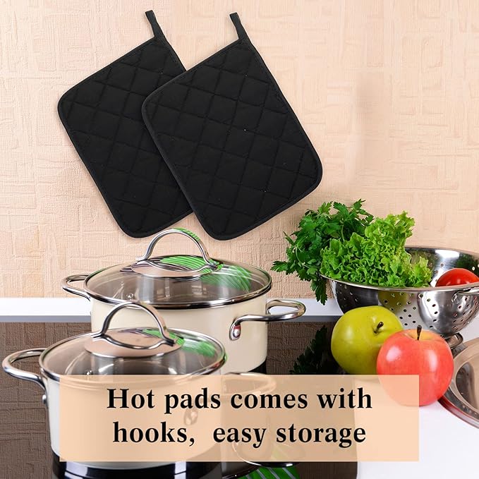 Hoolerry 20 Pieces Pot Holders with Pocket Sublimation 7x9'' Cotton Oven Pot Holders Bulk with Hanging Loops Pads for Kitchen Cook Baking (Black)