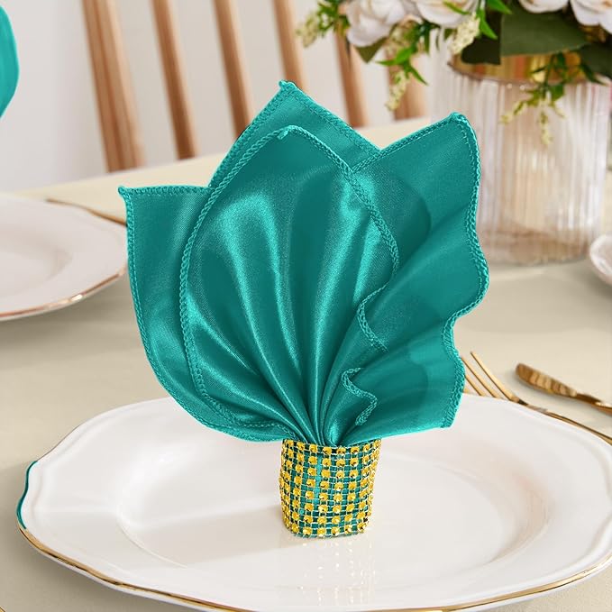 RUDONG M 100 Pcs Teal Satin Napkins and Napkin Rings Set, 17 x 17 Inch Square Cloth Napkins Set of 50, Silky Soft Table Napkins Bulk for Weddings, Banquet, Parties Dinner Decoration