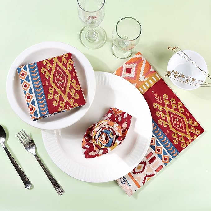 FINGERCRAFT Cloth Napkins, Set of 4 Cotton Linen Blend Printed Dinner Napkins Cloth Mitered Corner Perfect for Parties Dinners Weddings Cocktail Christmas Easter 20x20 Rust Boho