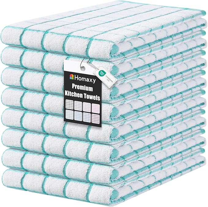 Homaxy Premium Kitchen Towels(16”x 28”, 8 Pack), Large Ring Spun Cotton Dish Towels, Super Absorbent Soft Terry Kitchen Hand Towels, Check Design Tea Towel Set with Hanging Loop, Aqua
