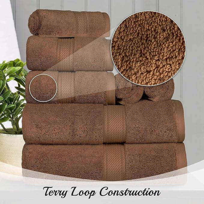 Superior Egyptian Cotton Pile 10 Piece Towel Set, Includes 2 Bath, 4 Hand, 4 Face Towels/ Washcloths, Ultra Soft Luxury Towels, Thick Plush Essentials, Guest Bath, Spa, Hotel Bathroom, Chocolate