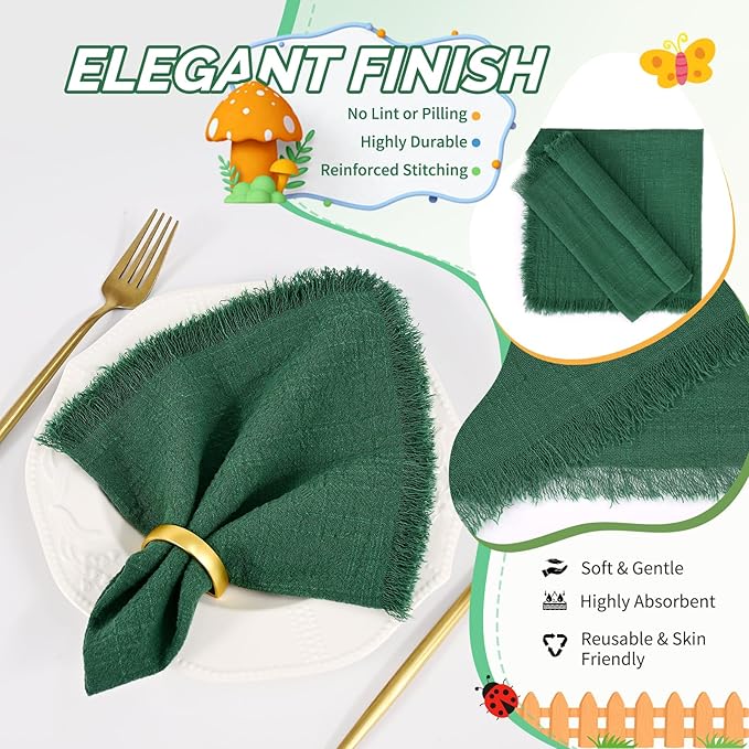 Showgeous 30 Pack Emerald Green Cloth Napkins with Fringe 16x16 inch 100% Cotton Green Napkins Handmade Dinner Napkins Bulk Washable Soft Rustic Table Napkins for Wedding Parties Bridal Baby Shower