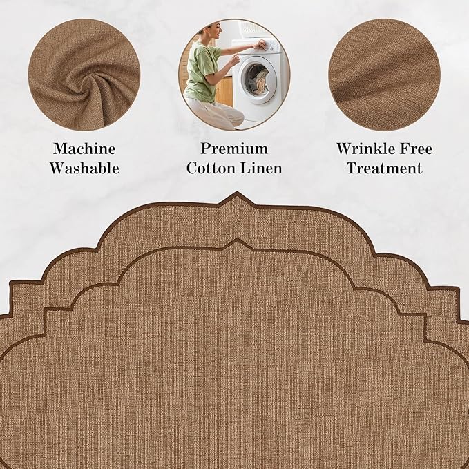 Cotton Linen Oval Placemats Set of 4, HADEEONG Table Mats Cloth Placemats, Washable Wrinkle Resistance, Scalloped & Embroidered Fabric Placemats, 17.71 x 13.77inch (Coffee, 4)