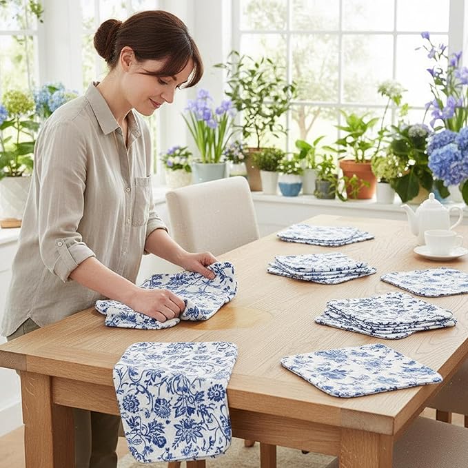 Tinlade 36 Pack Reusable Cleaning Cloths Washable Cotton Kitchen Towels Bulk 11.81 x 9.84 Inches Absorbent Dish Towels Roll for Home Kitchen Cleaning Supplies 12 Styles (Swedish Blue Floral)