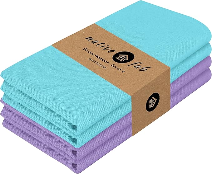 Native Fab Easter Cloth Napkins, 4 Pack, 100% Cotton, 17x17 Inches, Heavy Duty, Soft Texture, Quick Drying, Great for Spring Decor, Family Gatherings, Tea Party, Dinner, Ocean Blue & Lavender