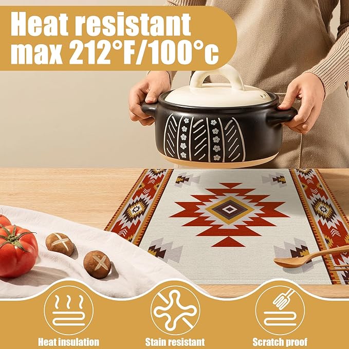Southwestern Placemats Set of 6, Rusty Red Tribal Geometric Linen Place Mat Washable Stain Resistant Table Mats for Farmhouse Kitchen Dining Decor 12x18 Inch