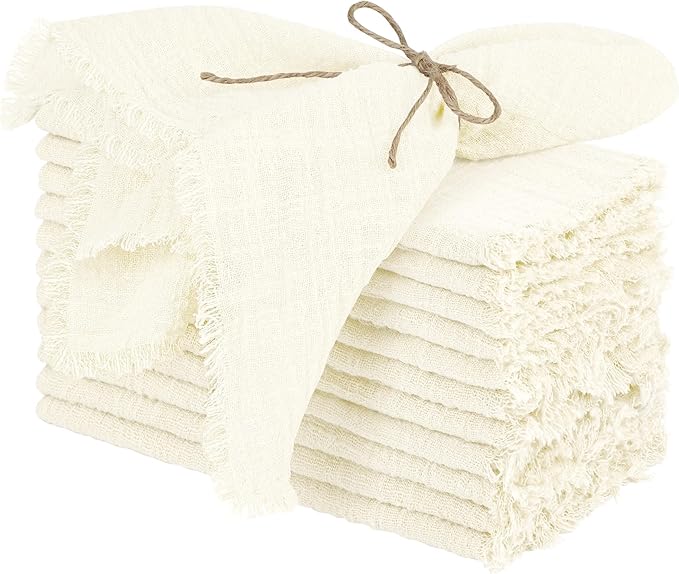 TURSTIN 12 Pieces Cotton Linen Cloth Napkin Handmade Cloth Napkin with Fringe 17 x 17 Inch Soft Dinner Wedding Napkins Square Rustic Fringe Table Napkins for Dinners, Parties, Weddings, Ivory