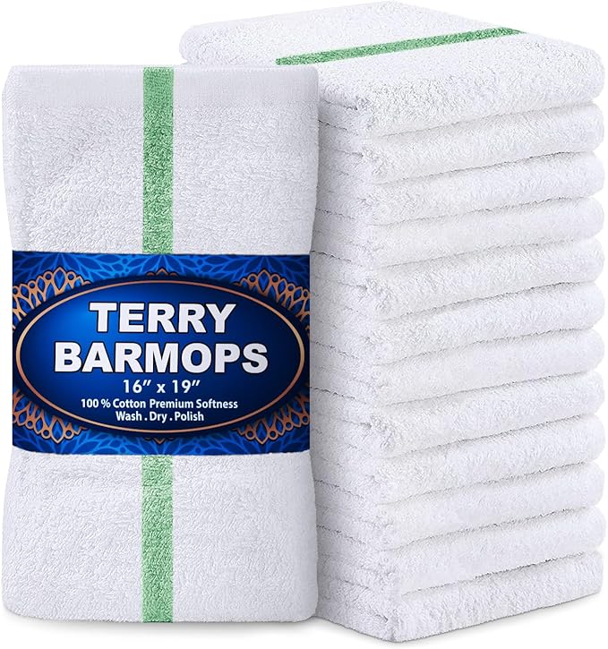 GREEN LIFESTYLE Terry Bar Mops 16" x 19" 12 Pack - 28 oz Cotton Bar Towels, Absorbent Kitchen Towels, Cleaning Rags for Restaurant, Food Service, Bar and Home Use (White with Green Stripe)