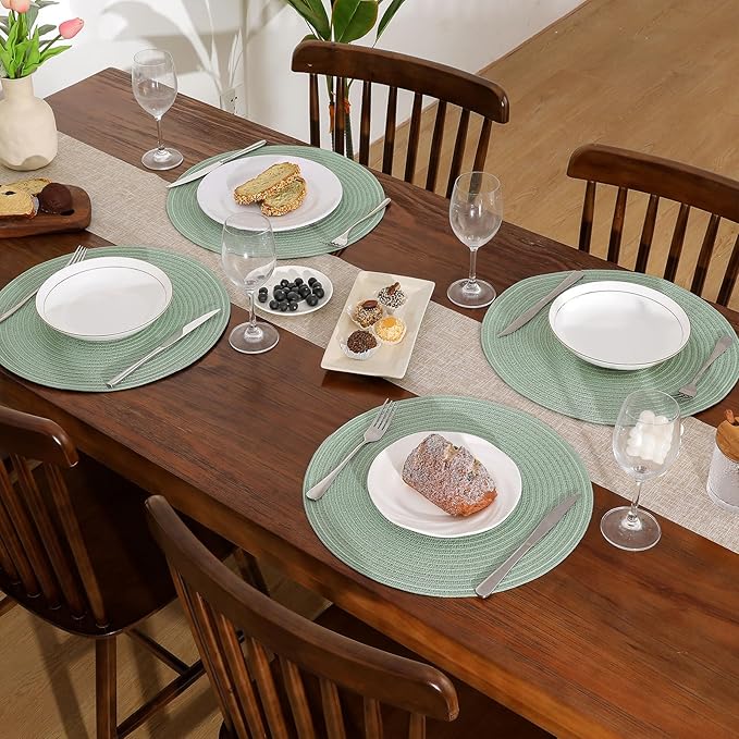 SHACOS Round Placemats Set of 6 Washable 15 inch Cotton Polyester Table Mats Woven Braided Place Mats for Dining Table, Sage Green