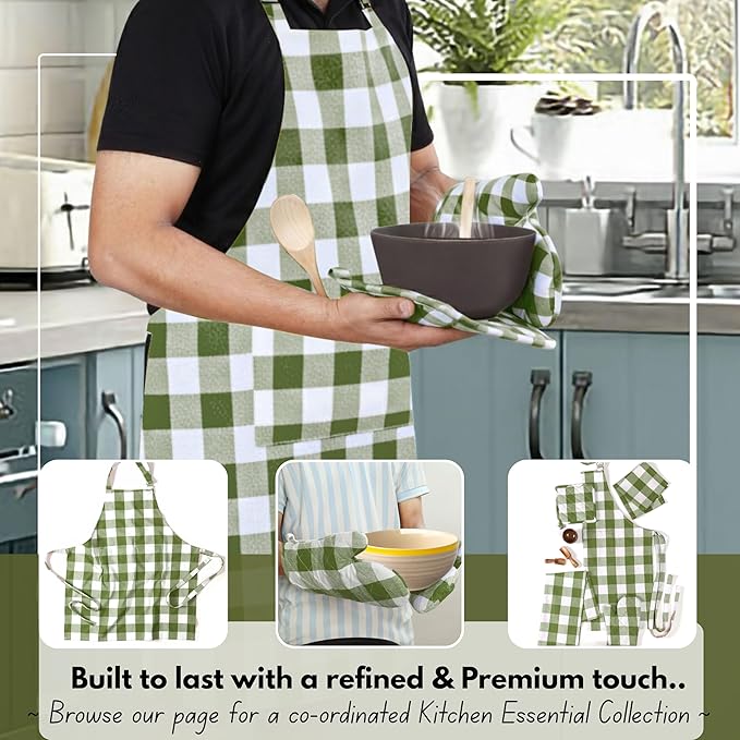 Native Fab Buffalo Plaid Check Oven Mitts and Pot Holders Set of 4, 100% Cotton Heat Resistant Kitchen Gloves, 2 Oven Mitts (7x13), 2 Pot Holders (8x8) for Cooking & Baking, Mint Green White