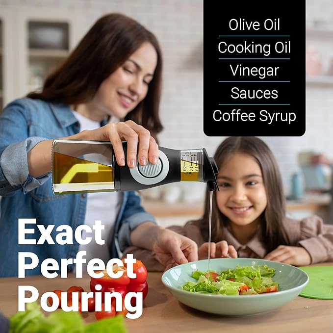Oil and Vinegar Dispenser Set - Glass Olive Oil Cruet Bottles with Measuring Cup - Non-Drip Kitchen Dispenser for Cooking, Salad Dressing, and Meal Prep - 2 Dishwasher-Safe Containers