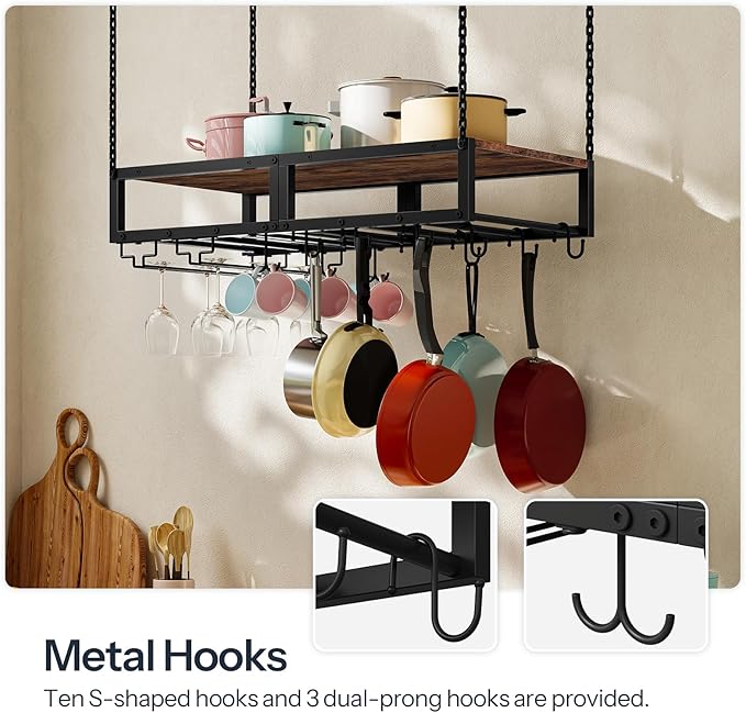 HOOBRO Hanging Pot Rack, Space-Saving Pot Hanger for Kitchen, Ceiling Pan Hanging Rack with 10 S-Shaped Hooks and 3 Dual-Prong Hooks, for Pot, Pan Storage,Space-Saving, Rustic Brown and Black BF78TL01