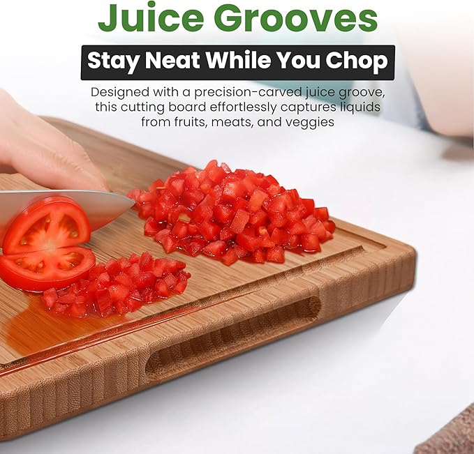Bamboo Cutting Board for kitchen. 1'' Extra Thick Wood Chopping Board with deep Juice Groove and inner handle. Charcuterie & Butcher block- (16"x11"x1")