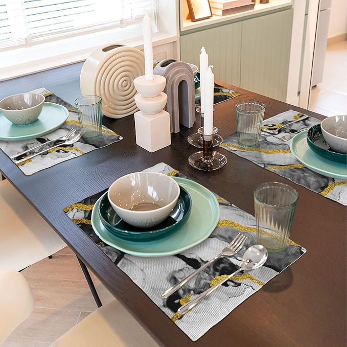 Black White and Gold Marble Linen Placemats Set of 4, Modern Luxury Washable Non-Slip Heat-Resistant Durable Kitchen Table Mats for Dining Table, Luxury Home Kitchen Decor Essential, Black Grey Gold