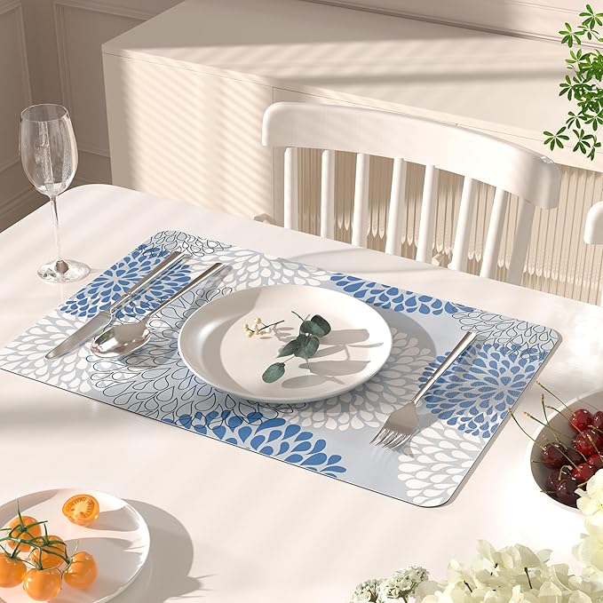 QIYI Placemats Set of 6, 12x18 Inch Faux Leather Place Mats for Kitchen Dinning, Heat Resistant Anti Slip Flower Table Mats, Waterproof Wipeable Washable Placemat Party Table Décor, Blue Floral Burst