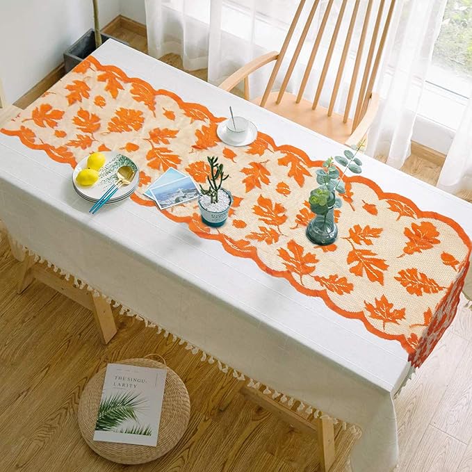 Fall Table Runner Thanksgiving Fall Decorations for Home 13 x 72 Inch Maples Leaves Table Runner Autumn Harvest Orange Lace Runners Thanksgiving Decorations for Tables Kitchen Dining Party (Brown)