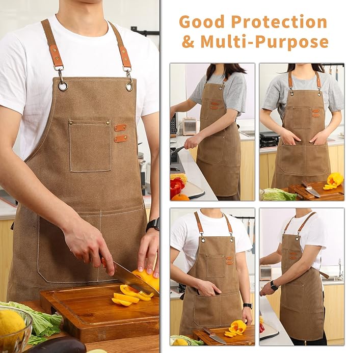 Tosewever 2 Pack Canvas Cross Back Chef Apron for Men Women with Pockets, Cotton Tool Aprons for Cooking Kitchen BBQ Artist