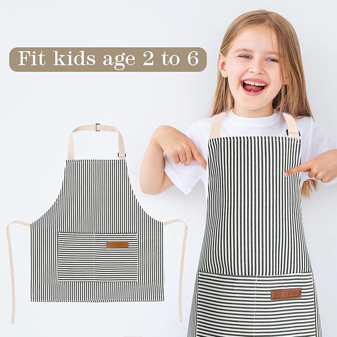 2 Pack Stripes Kids Apron, Kids Cooking Aprons with 2 Pockets, Cute Aprons for Cooking for Boys and Girls