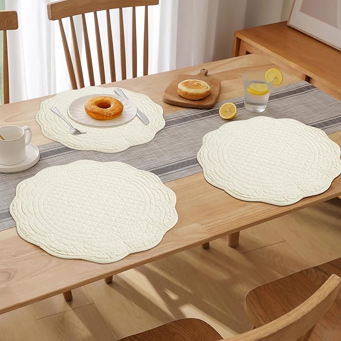 HOMBYS Quilted Placemats Set of 6 Washable Round Placemats for Kitchen Table-100% Cotton Fabric 14 Inch Round Table Mats, Cotton Fabric with Microfiber Filling, (14"x14", Flax)