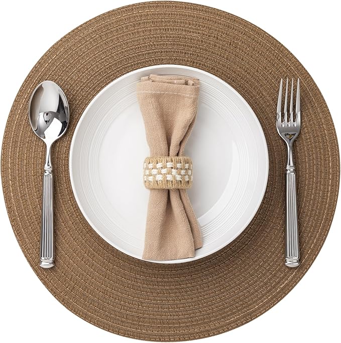 Round Placemats Set of 12 Woven Placemats Washable Braided Table Mats for Dining Table Heat Resistant Non-Slip Circle Place Mats(Brown)