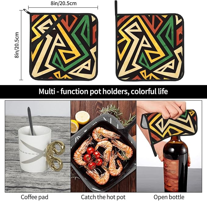 Pot Holders 2 Pcs Sets for Kitchen African Tribe Ethnic,Oven Pan Plate Bowl Pads Heat Proof Mat with Hanging Loop, Heat Resistant Potholders for Cooking Vintage Geometric Bohemian