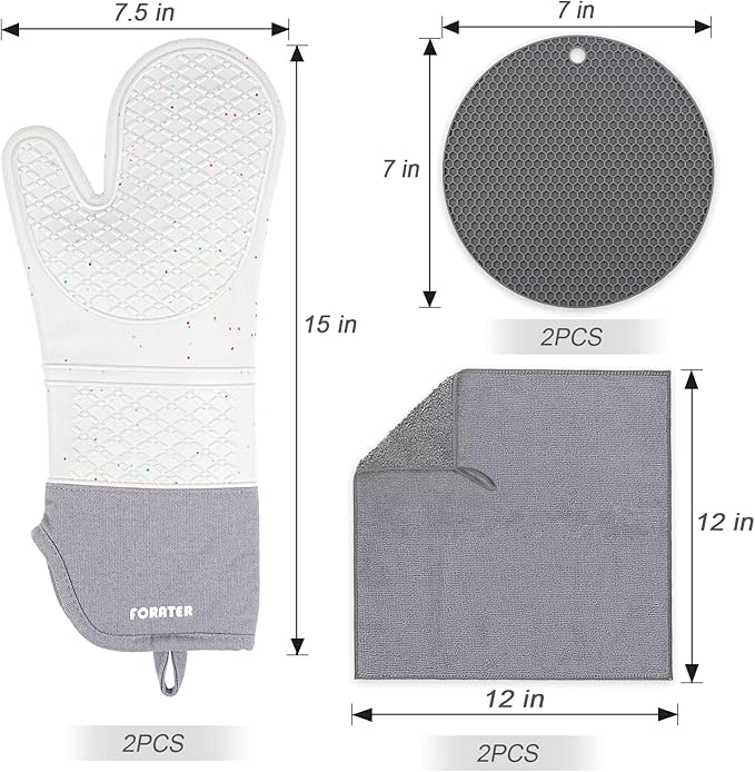 Extra Long Oven Mitts and Potholders 6Pcs Set, 500°F Heat Resistant Kitchen Oven Gloves 15'' Oven Mitts with Non-Slip Silicone Surface Soft Cotton Lining for Cooking, Baking and Grilling - Light Grey