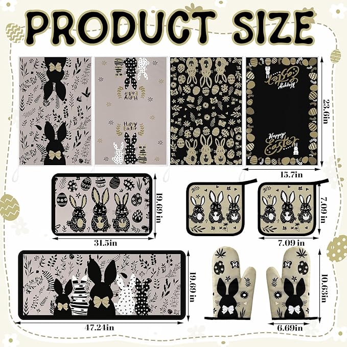 Fourluoo 10 Pcs Easter Bunny Kitchen Decor Set Easter Kitchen Towels Oven Mitts and Pot Holder Spring Eggs Flowers Rugs and Mats Black Rabbit Gloves Potholders for Farmhouse Rustic Baking Cooking BBQ