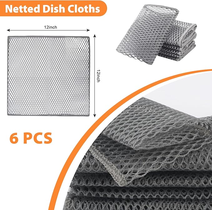 SUNLAND Netted Dish Cloths for Washing Dishes No Odor Dishes Scrubber for Kitchen-Fast Drying and Easy to Clean Mesh Dish Cloth 6 Pack 12Inch x12Inch Grey