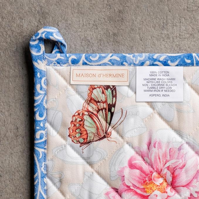 Maison d' Hermine 100% Cotton Oven Mitt & Pot Holder Set (7.5"x13" & 8"x8") Heat Resistant BBQ Cooking Gloves with Loop Baking Grilling Kitchen Gifts for Mothers Day Spring/Summer (Canton)