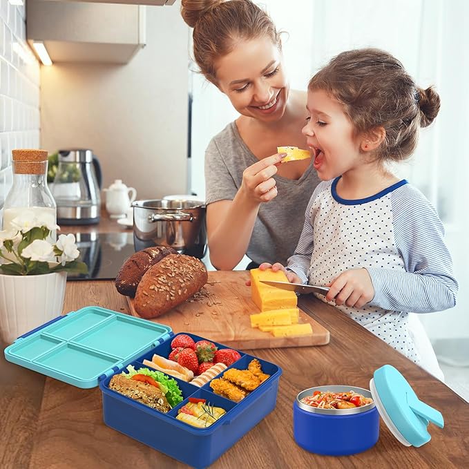 Pawtong Bento Lunch Box with 8oz Soup Thermo, Kids Leakproof Lunch Food Containers with 4 Compartment, Kids Thermo Insulated Hot Food Jar for School, Trvael（Blue