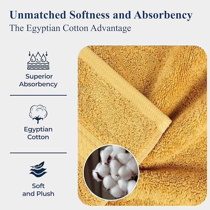 Superior Egyptian Cotton Pile Bath Towels, Ultra Soft Luxury Towel, Thick Plush Essentials, Absorbent Heavyweight, Guest Bath, Hotel, Resort, Spa, Pool, Home Bathroom, Shower Basics, Set of 4, Gold