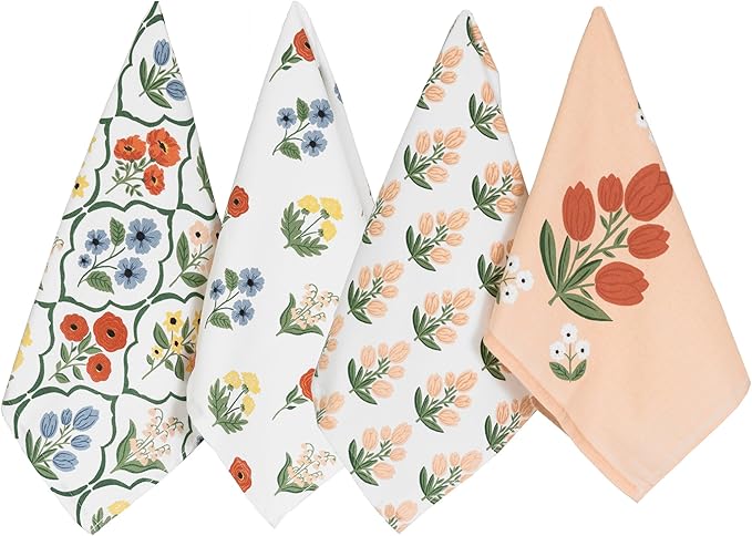 Ritz 100% Cotton Kitchen Towels, Tulip Trellis Floral – 16"x26" – Absorbent Dish Towels for Drying & Cleaning – Soft & Durable (Set of 4)