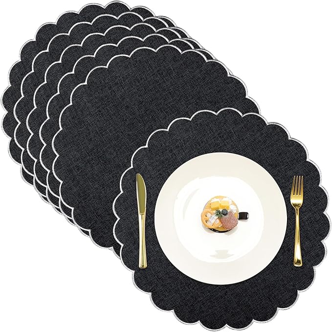 Set of 6 Round Placemats 15 Inch Cotton Scalloped Embroidery Placemat Washable Double Layered Rustic Dinner Table Mat Decor Fabric for Hotel Restaurant Kitchen(Black/White,Classic)