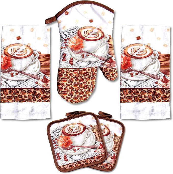Lobyn Value Packs: Café Latte5 Piece Kitchen Towel Set with 2 Decorative Dish Towels (25 X15), 1 Oven Mitt (11 X 7) and 2 Potholders (6.5 X 6.5) Perfect for Coffee Lovers