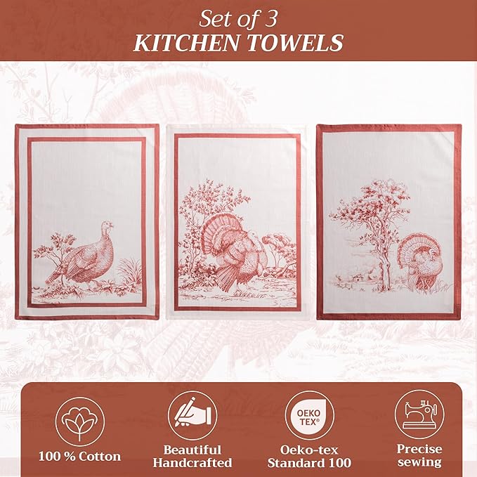 Maison d' Hermine Kitchen Towels Set of 3 100% Cotton 20" x 27.5" Reusable Cloth Tea Dish Towels Absorbent with Hanging Loop for Kitchen Dining Thanksgiving Christmas Decorations (Holy Jouy - Brown)
