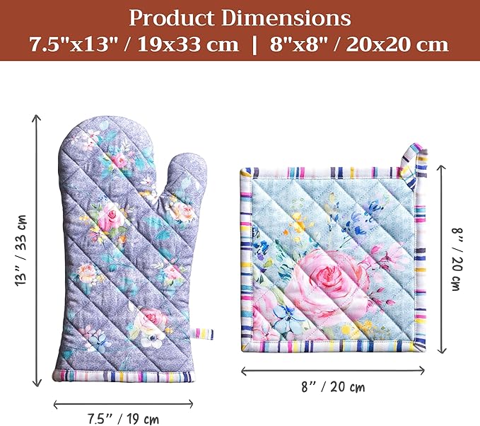 Maison d' Hermine 100% Cotton Oven Mitt & Pot Holder Set (7.5"x13" & 8"x8") Heat Resistant BBQ Cooking Gloves with Loop Kitchen Gifts for Mothers Day Spring/Summer (Sweet Rose Lavender - Lush)