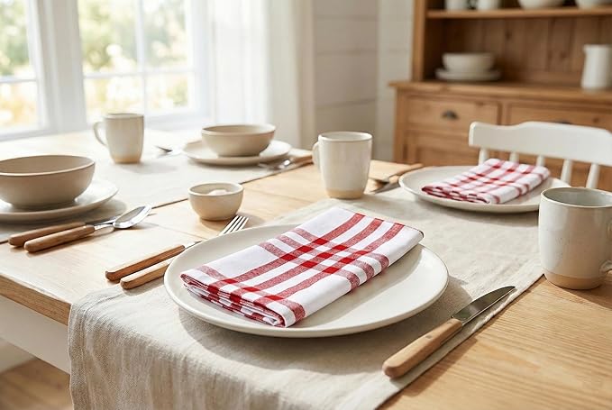 PurpleEssences Homestead Plaid Cloth Napkins - Mitered Corners - Spring Easter Summer - Check Dinner Napkin - Set of 12-100% Cotton - 18x18 Inch - Reusable Washable - Red and White