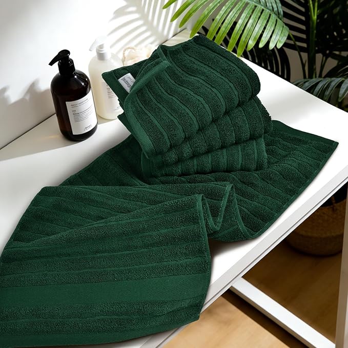 Jacquotha 4-Pack Hand Towels (Forest Green) Ribbed – Kitchen & Bathroom Premium Cotton Towels 13” x 29”, Soft and Quick Drying 470 GSM