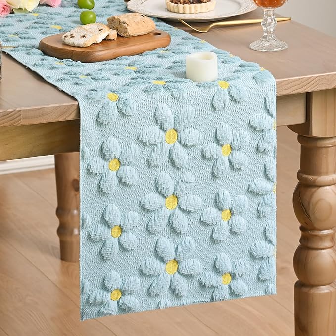 Artoid Mode Blue Soft Plush Faux Fur Jacquard Embroidery Daisy Spring Table Runner, Kitchen Dining Table Decoration for Home Party Decor 13x120 Inch