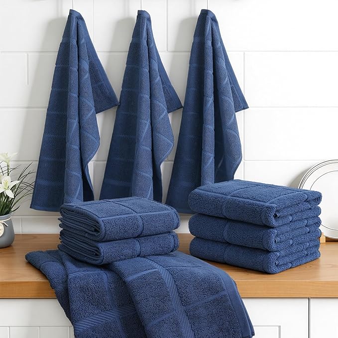 Homaxy Premium Kitchen Towels 18"x28", 6 Pack Large Cotton 380 GSM Dish Towels, Soft and Absorbent Kitchen Hand Towels with Terry Grid Design, Utility Tea Towel Set with Hanging Loop, Navy Blue