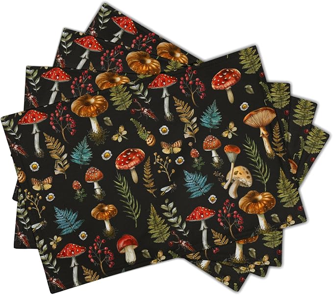 Watercolor Mushroom Placemats Fern Leaves Cotton Linen Place Mat Washable Table Mat for Party Dining
