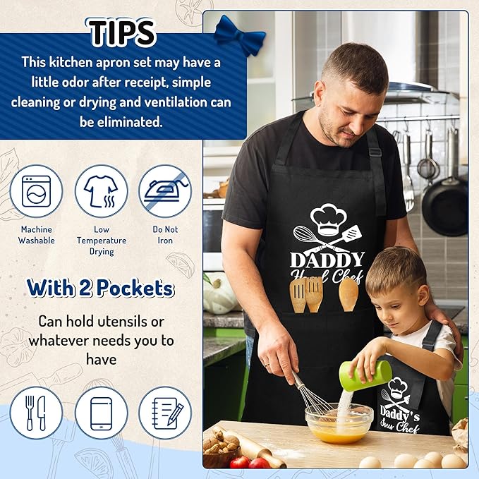 R HORSE 2Pcs Adults Kids Matching Apron Set Daddy and Me Adjustable Kitchen Apron with 2 Pockets Parent and Child Matching Gift for Father's Day Dad Son Cooking Baking Painting Training