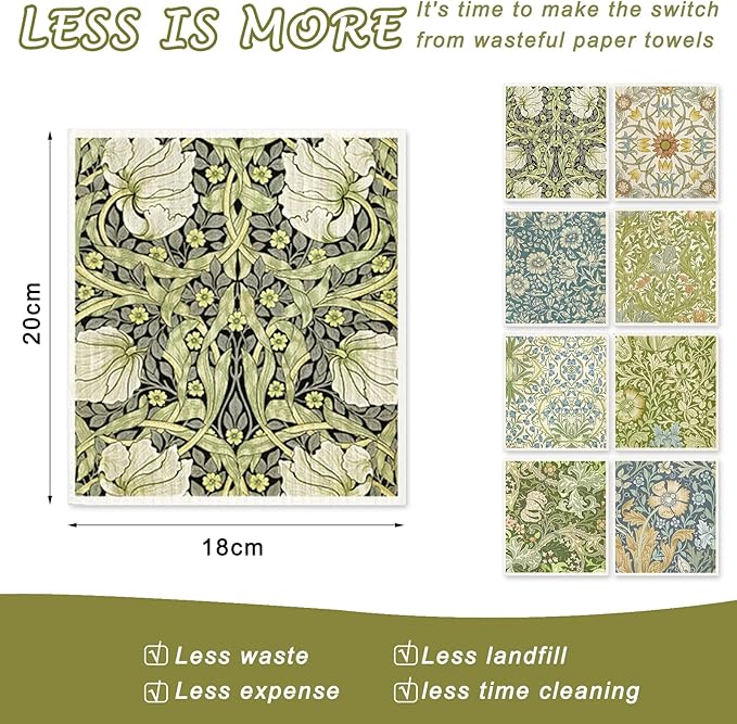 8 Packs Vintage Floral Swedish Dishcloths Blue Green Flower Kitchen Dish Towel Reusable Washable Cotton Kitchen Towels for Home Party Cleaning Housewarming, 7 x 8 Inch