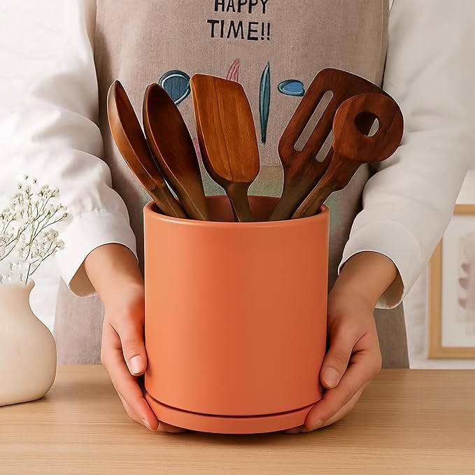 D'vine Dev 360° Rotating Utensil Holder Set – 7.2"+5" Kitchen Utensil Crocks for Countertop, Modern Cooking Tool Organizers for Kitchen Storage +Décor, Pumpkin, Set of 2, 72-Z-E-1